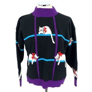 Spunky Women's Cat Sweater Sz L Vintage 90s Made In USA Acrylic Mock Turtleneck
